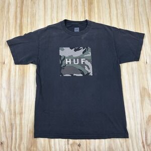 HUF T Shirt Men's Black Surf Skate Logo Tee Y2k M Fade‎ Worn Distress